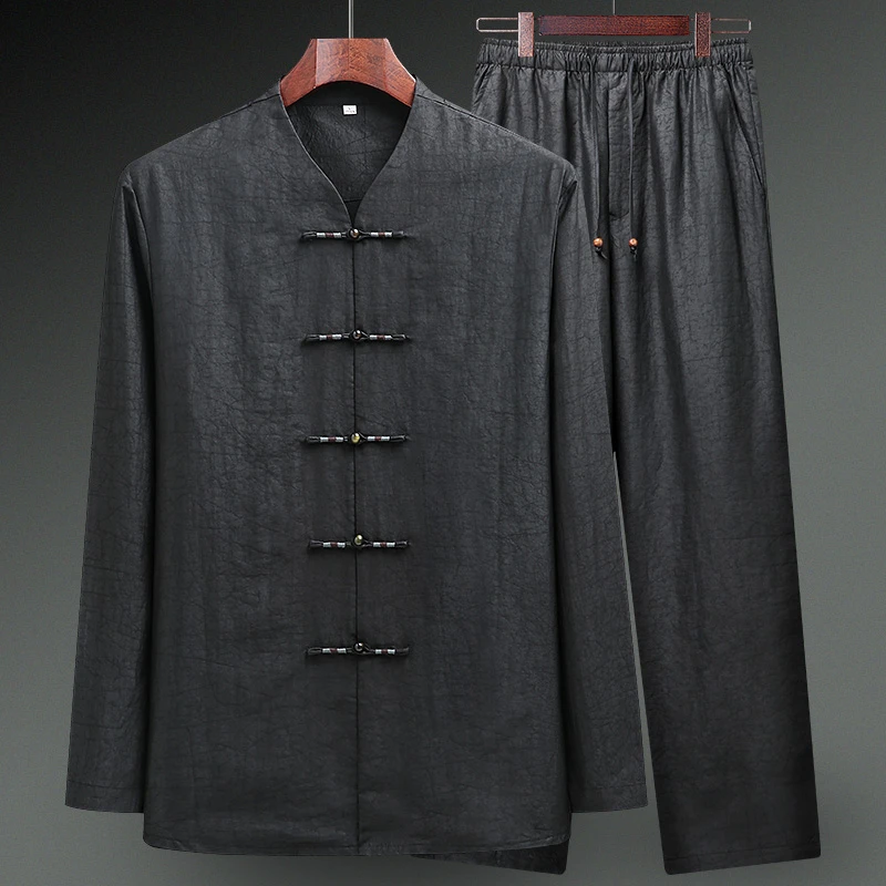 春夏香云纱唐装男莨绸长袖薄款桑蚕丝中老年人衣服真丝绸中式男装