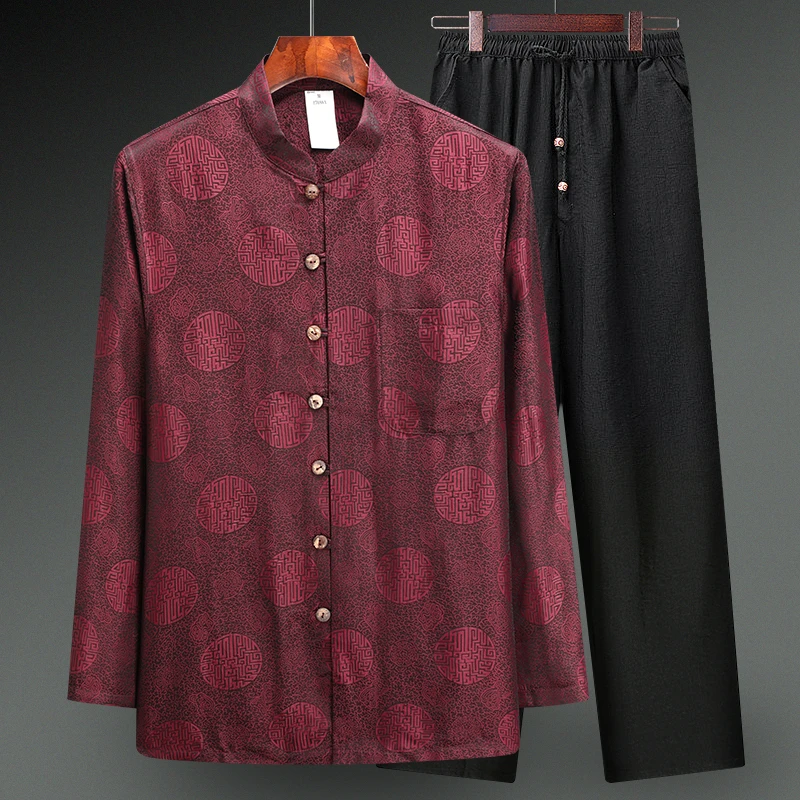 真丝绸唐装男夏季中老年薄款长袖爸爸香云纱衬衫老人寿宴生日衣服