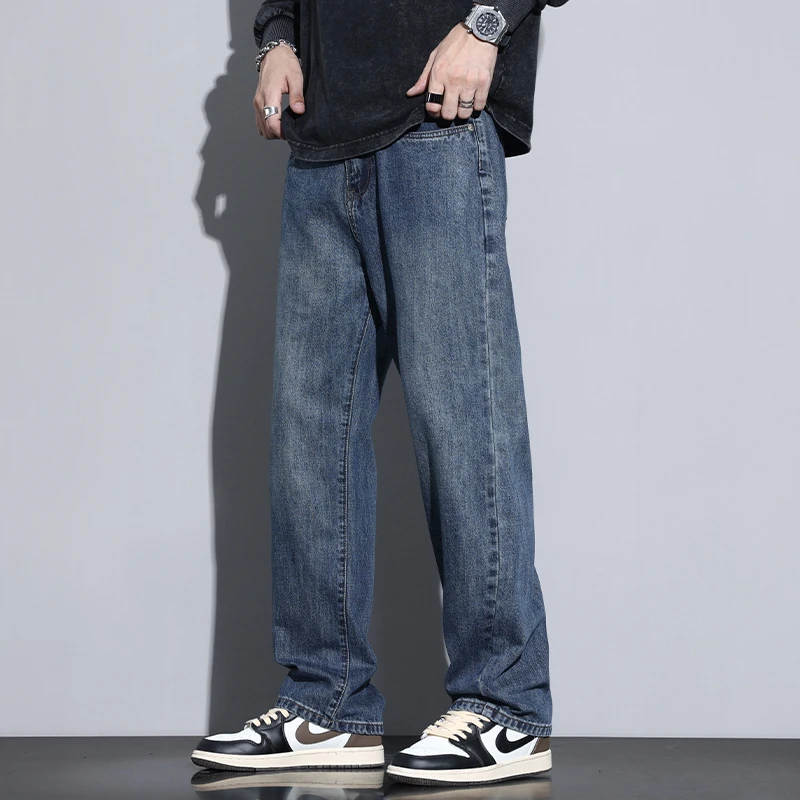 Kuvine秋季潮流简约水洗牛仔裤男秋冬美式复古宽松直筒休闲裤男士