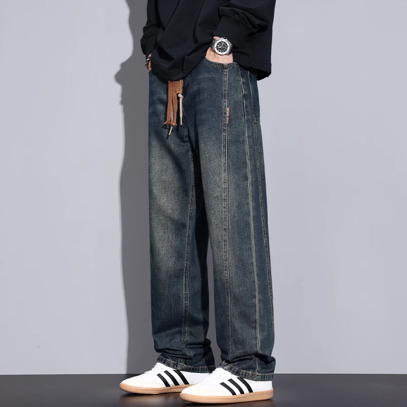 Kuvine秋冬新款男士牛仔裤潮流美式复古拼接直筒宽松百搭阔腿长裤