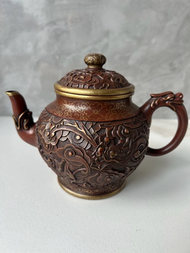 回流鎏金如意煮水复古紫砂壶，500cc红泥砂料独孔出水茶具泡茶壶