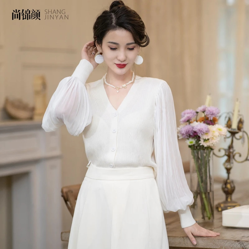 尚锦颜百褶灯笼袖羊毛针织衫 24时尚新款法式 遮肉显瘦毛衣短上衣