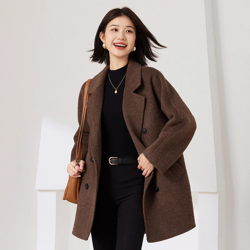 帛莲雅秋冬女士双面牦牛绒气质百搭休闲短款韩版简型宽松大衣