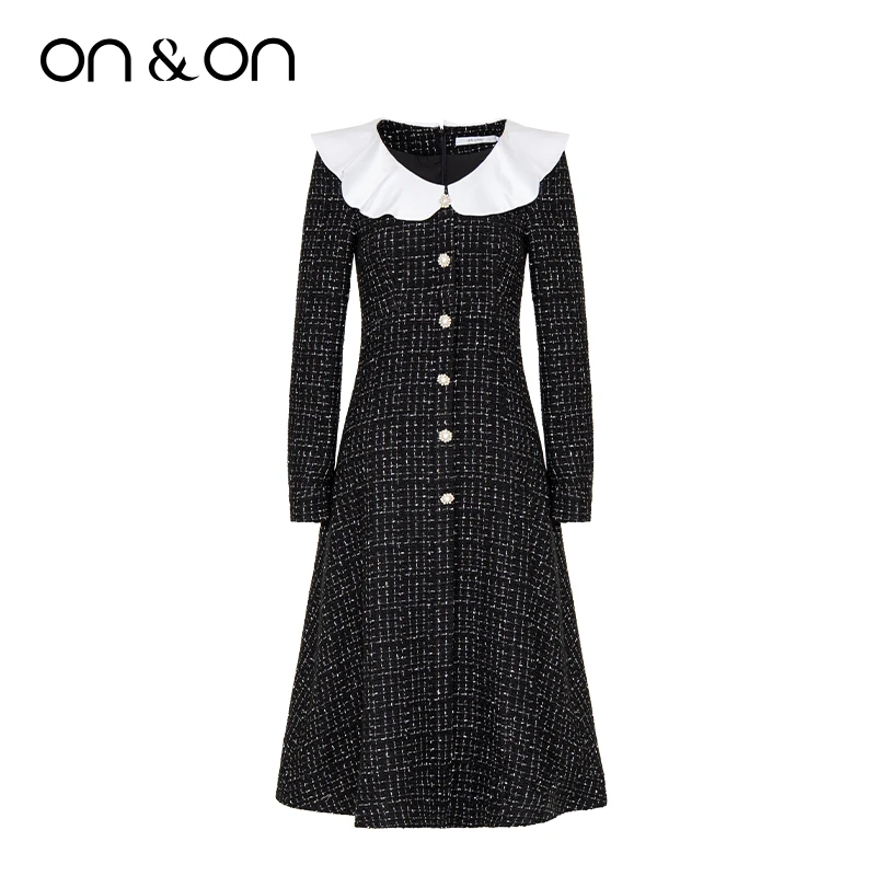 ON&ON/安乃安25春季女复古荷叶领长袖粗花呢女装连衣裙-N2AU16061