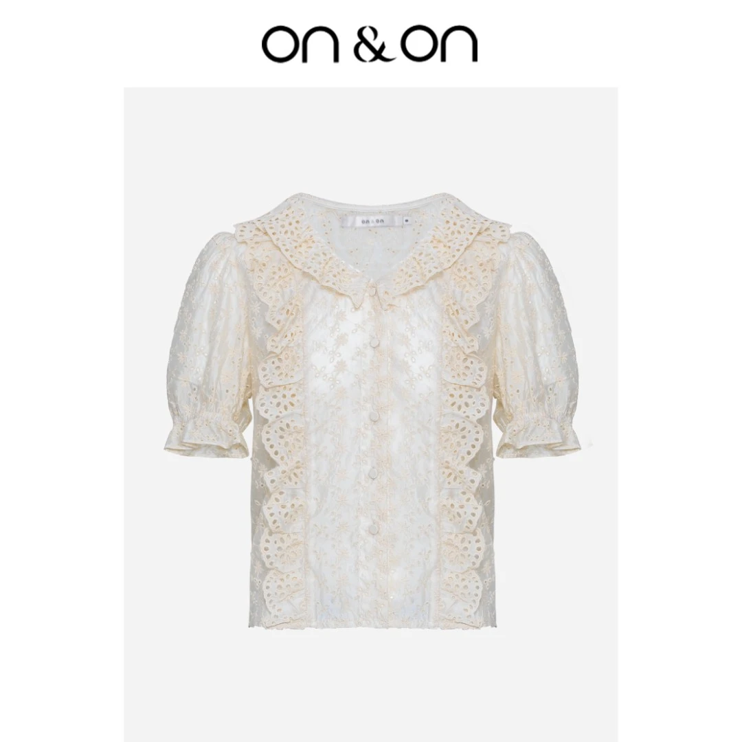 ON&ON/安乃安夏季V领蕾丝花边泡泡袖衬衫系扣百搭上衣-N3SU63052