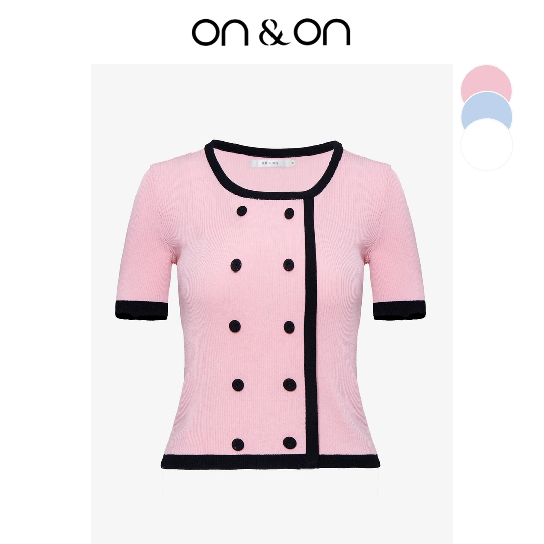 ON&ON/安乃安渐变丁达尔风双排扣方领撞色女针织短袖T恤N3SP07037