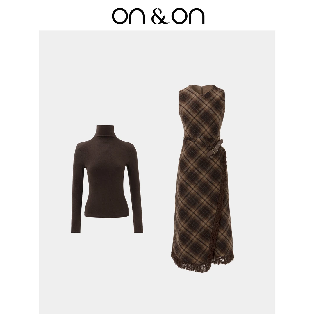 ON&ON/安乃安25冬季高领针织打底衫+复古格纹背心裙套装N4SW70115