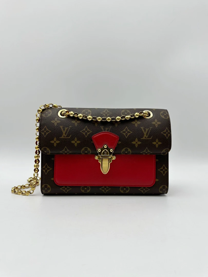 95新 LouisVuitton/路易威登 老花拼红色维多利亚链条包41807