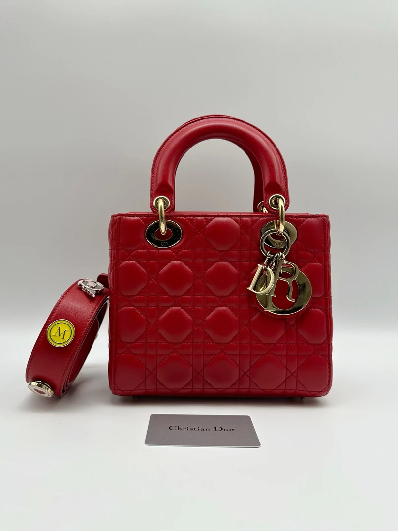 95新 DIOR/迪奥 红色金扣lady宽肩带  徽章四格戴妃手提包62380