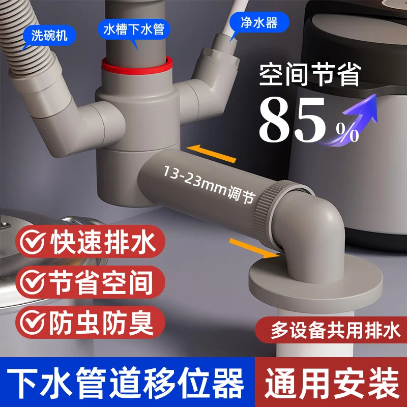 厨房50下水管移位器排水管管道改管洗手盆加长延长管三通分水器
