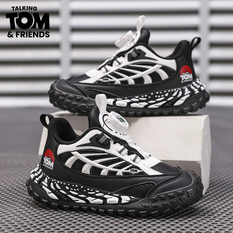 汤姆猫男童鞋子2024秋季新款儿童运动鞋旋转纽扣皮面小男孩跑步鞋