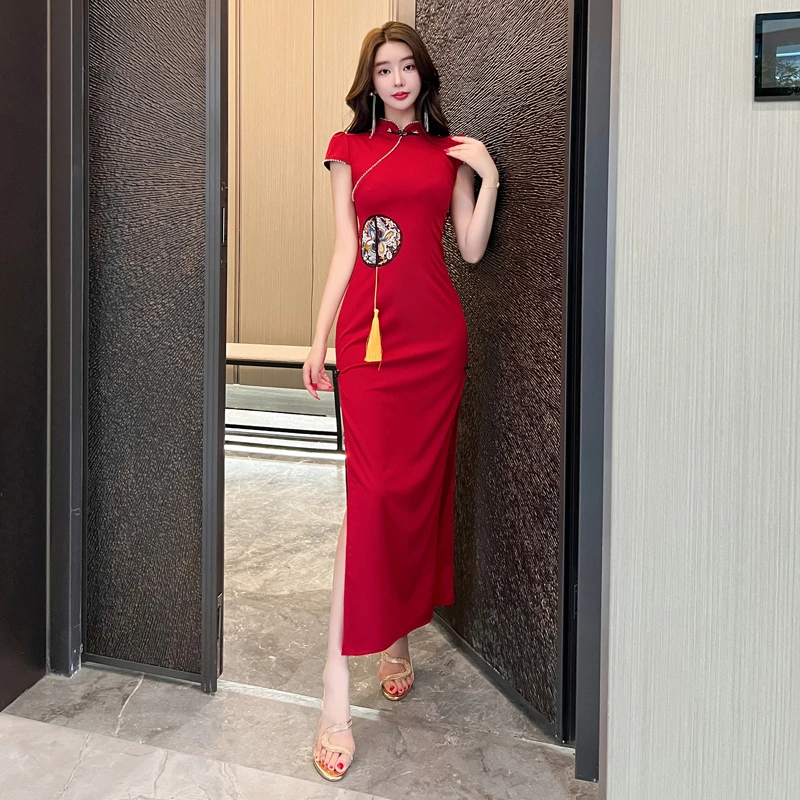 改良旗袍连衣裙子中式国风晚礼服女高级感spa柔式足浴技师工作服