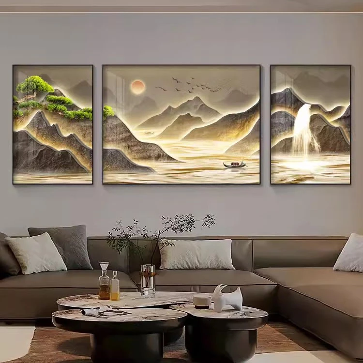 流水生财迎客松沙发背景墙挂画山水画三联画新中式壁画新中式沙发