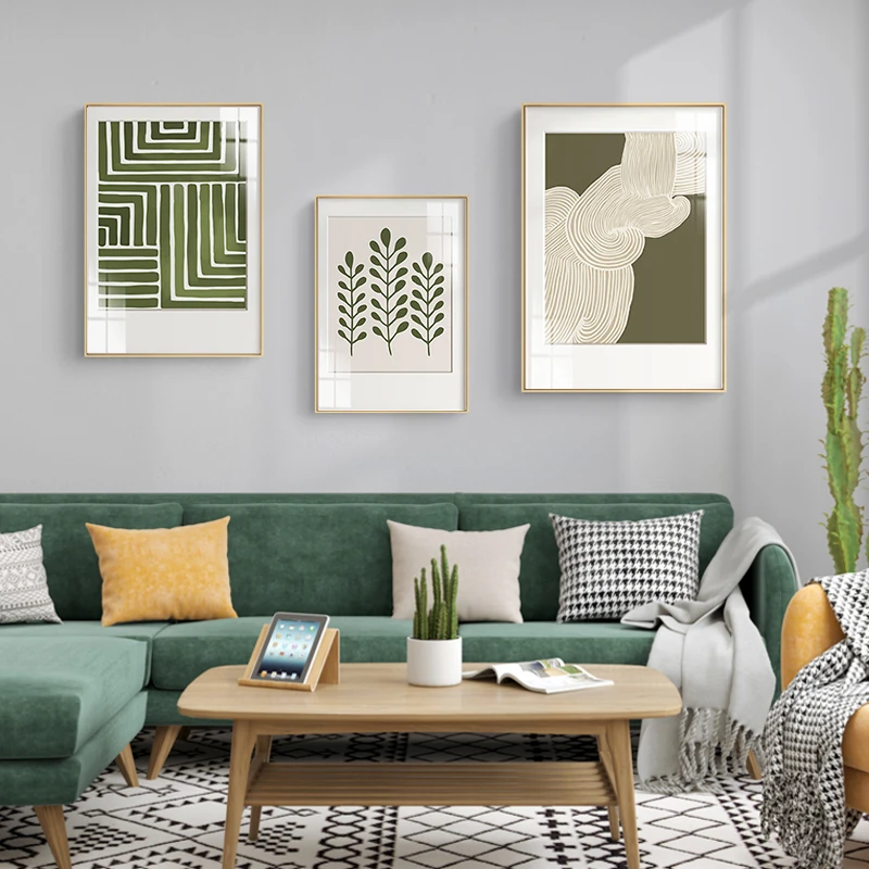植物树叶组合客厅挂画餐厅装饰画北欧现代简约绿色线条抽象挂画