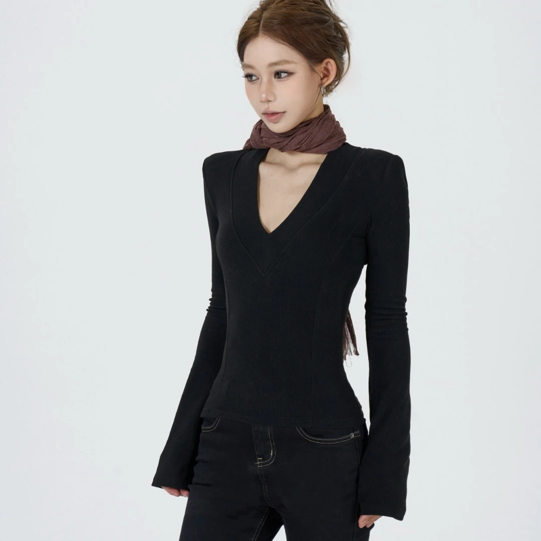 多色深V领长袖带垫肩T恤女绝美修身性感辣妹外穿短款上衣2025新款