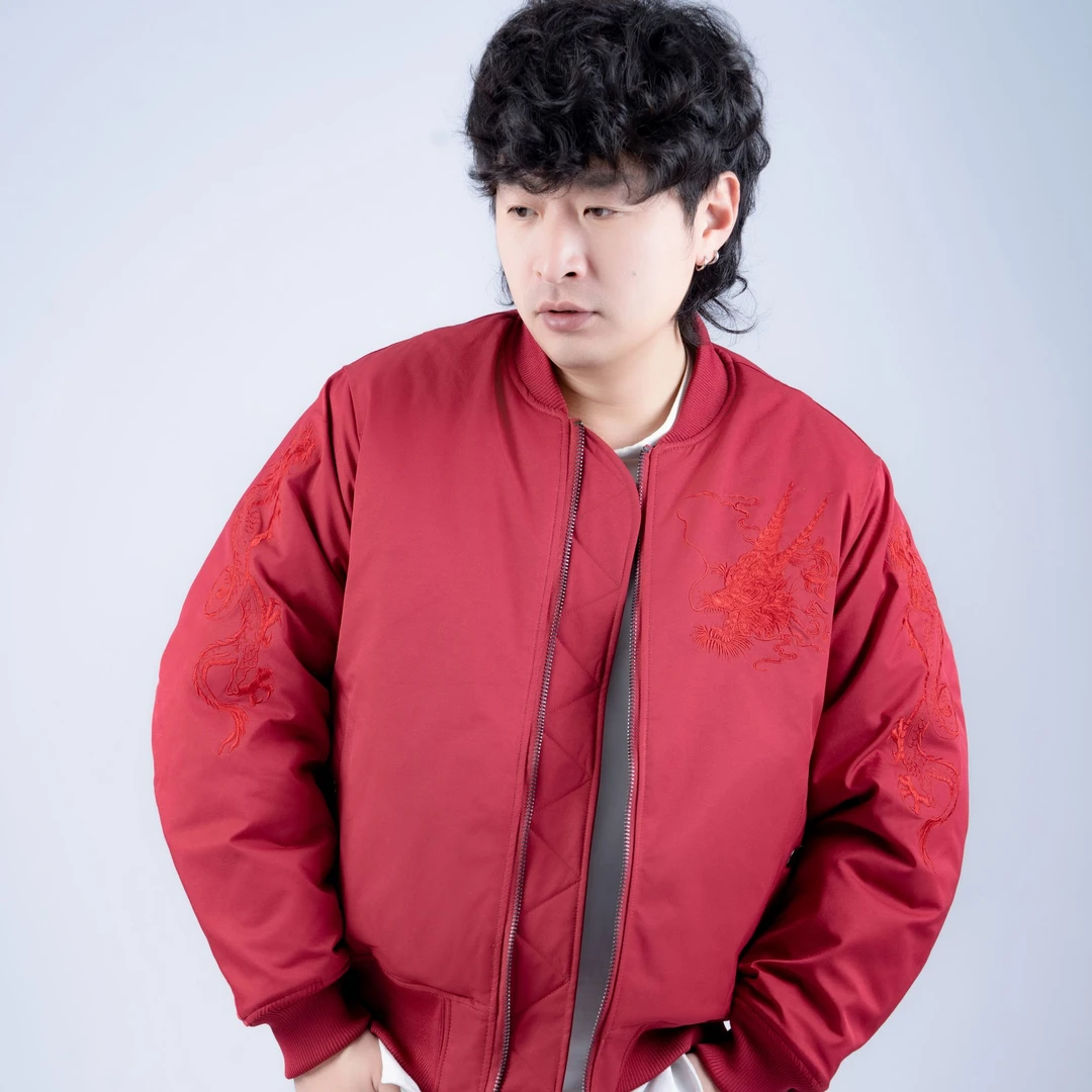 潮牌龍凤呈祥龍服重工刺绣压缩棉短款国潮高档男士潮流运动棒球领