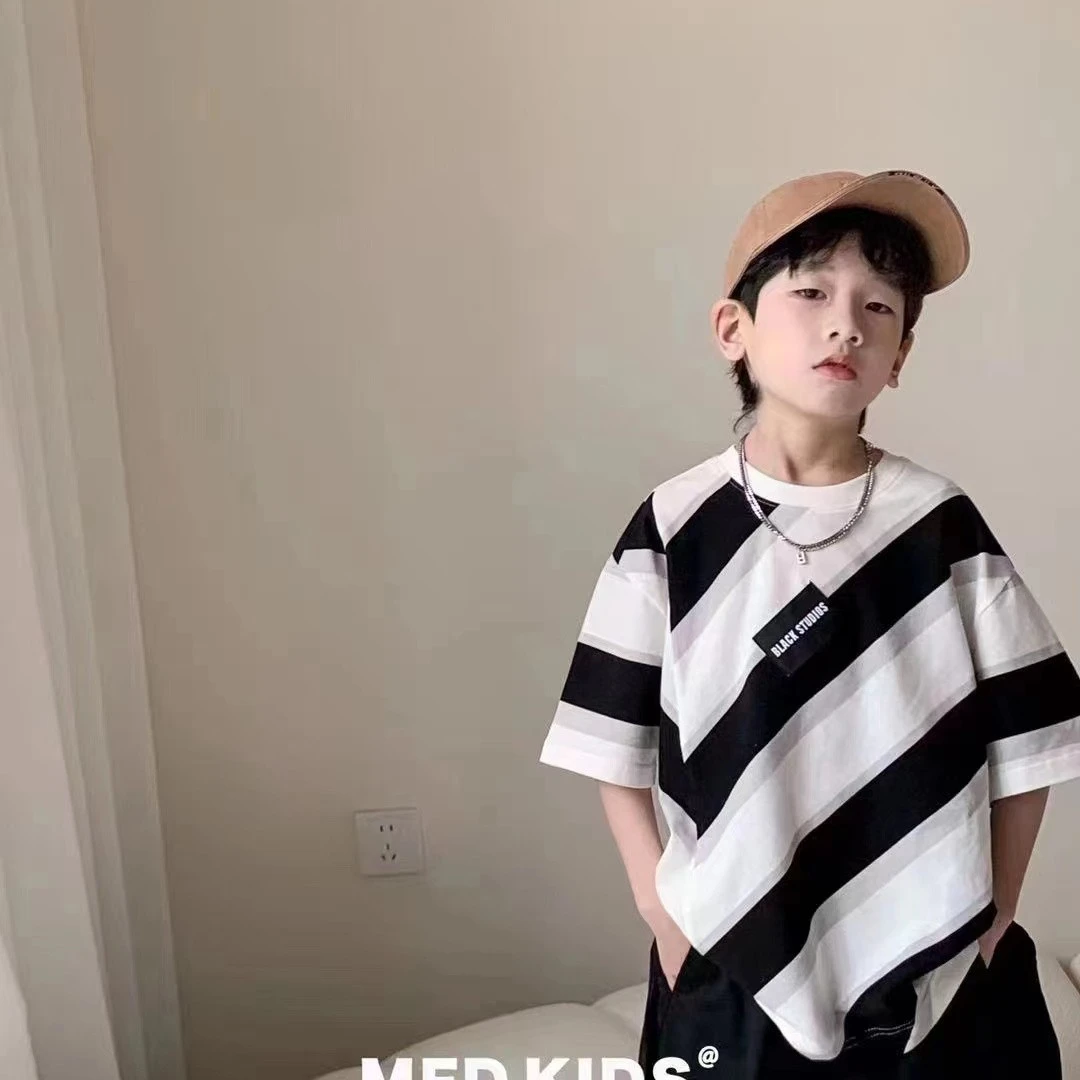 男童新款中大童春夏上衣打底衫儿童体恤潮流撞色百搭时尚宽松黑白