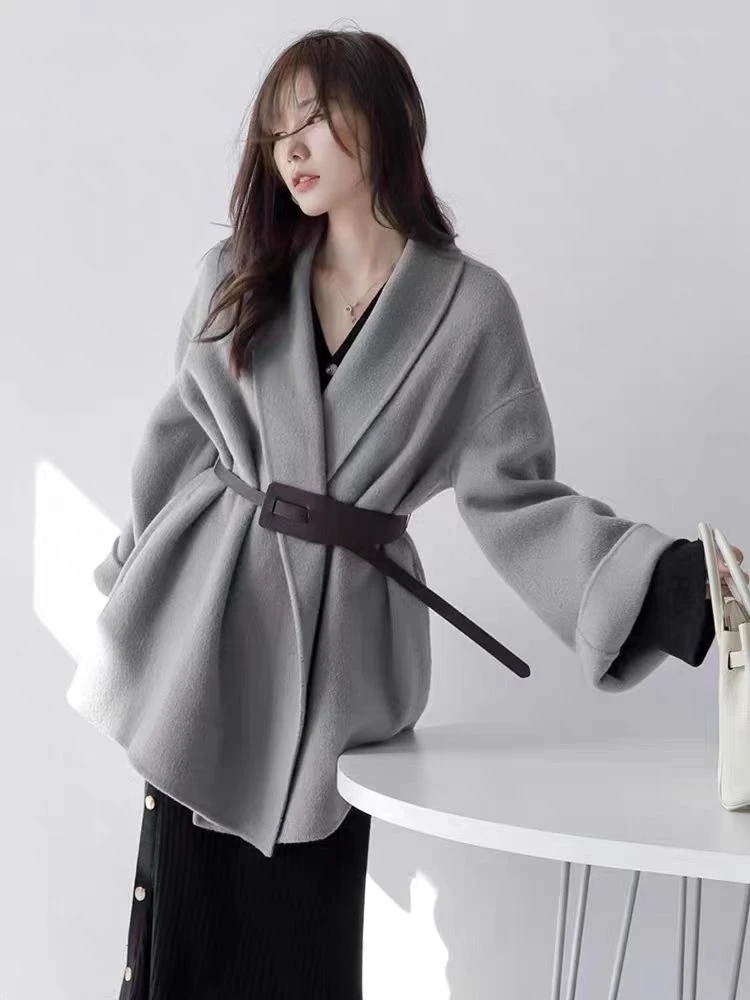 09271女小个子皮带款显瘦高级感宽松韩版毛呢大衣外套