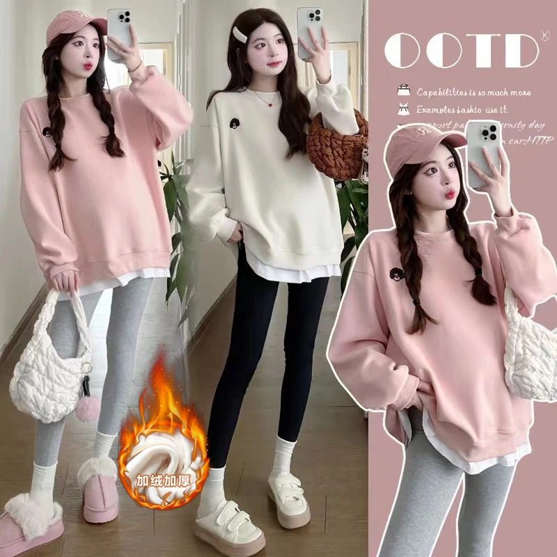 孕妇装上衣春秋冬款原宿风港味盐系孕期设计感宽松假两件孕妇卫衣