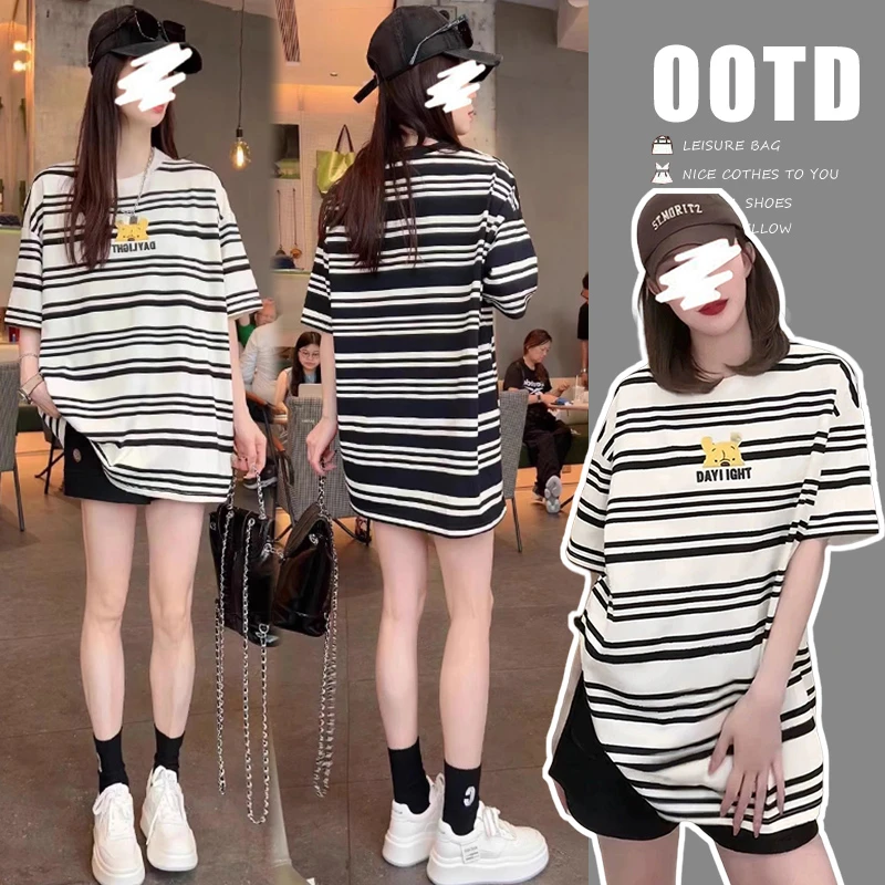 条纹短袖孕妇t恤套装夏季宽松休闲孕妇上衣ins孕妇短裤两件套潮妈