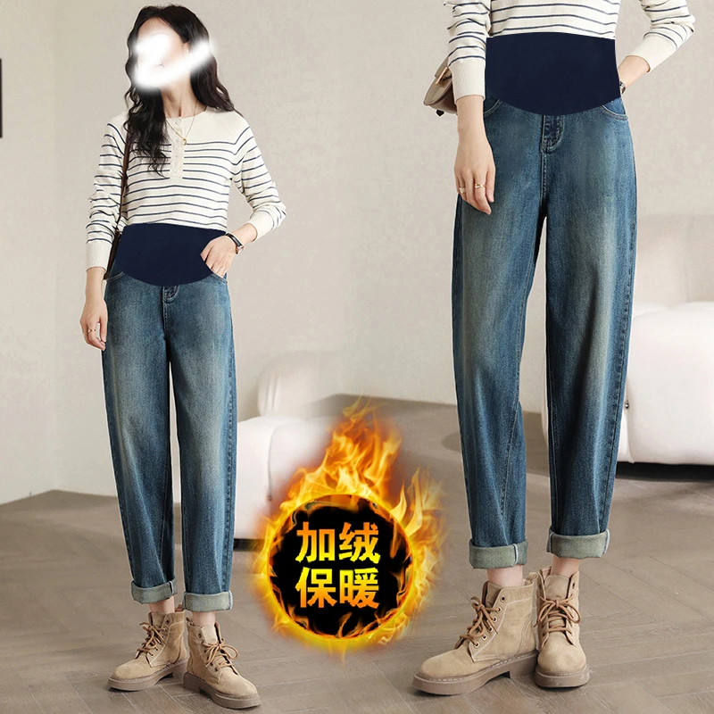 弹力孕妇牛仔裤秋冬季加绒加厚孕妇直筒裤子外穿老爹裤孕妇哈伦裤