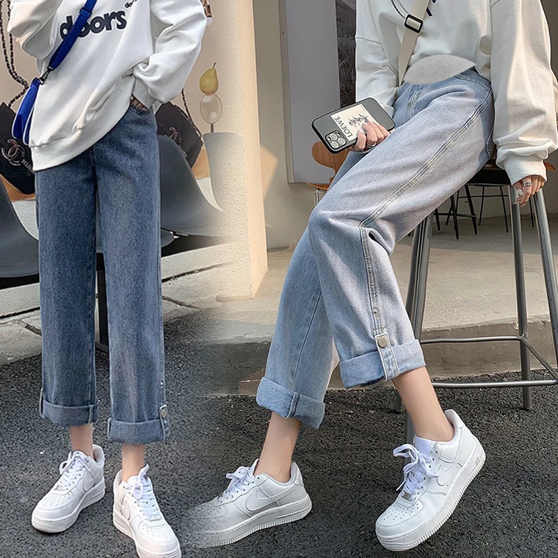 高弹力孕妇裤不显胯宽的托腹裤子宽松直筒卷边阔腿孕妇牛仔裤秋装