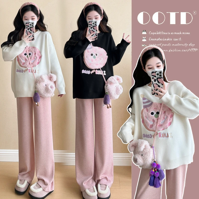 孕妇套装秋冬季新款网红时尚卡通减龄甜美毛衣孕妇上衣阔腿裤春装