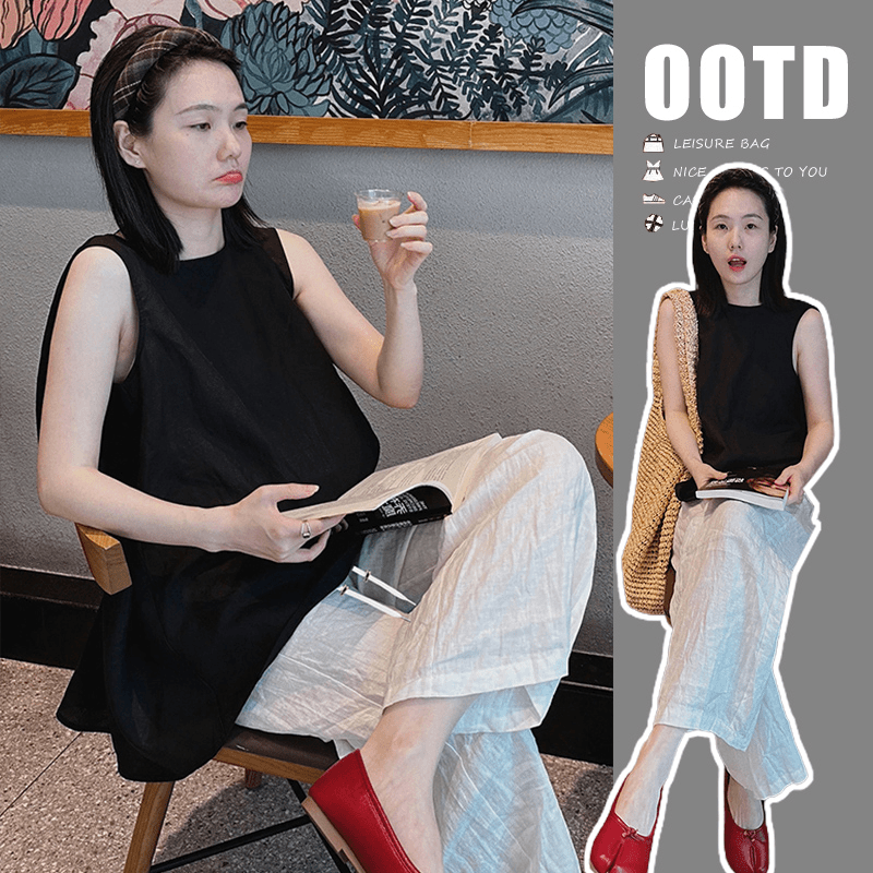 孕妇装夏装流行洋气正反二穿蝴蝶结背心孕妇上衣＋孕妇阔腿裤套装