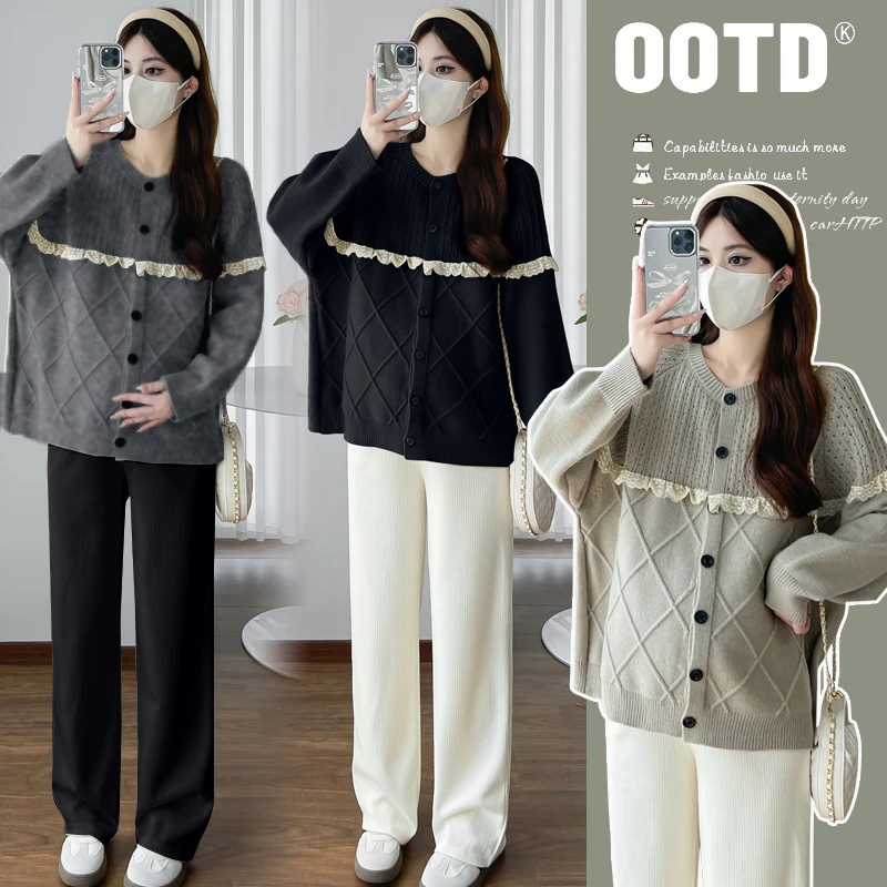 孕妇上衣秋冬新款赫本风外套高级感木耳边开衫孕妇裤两件套装春季