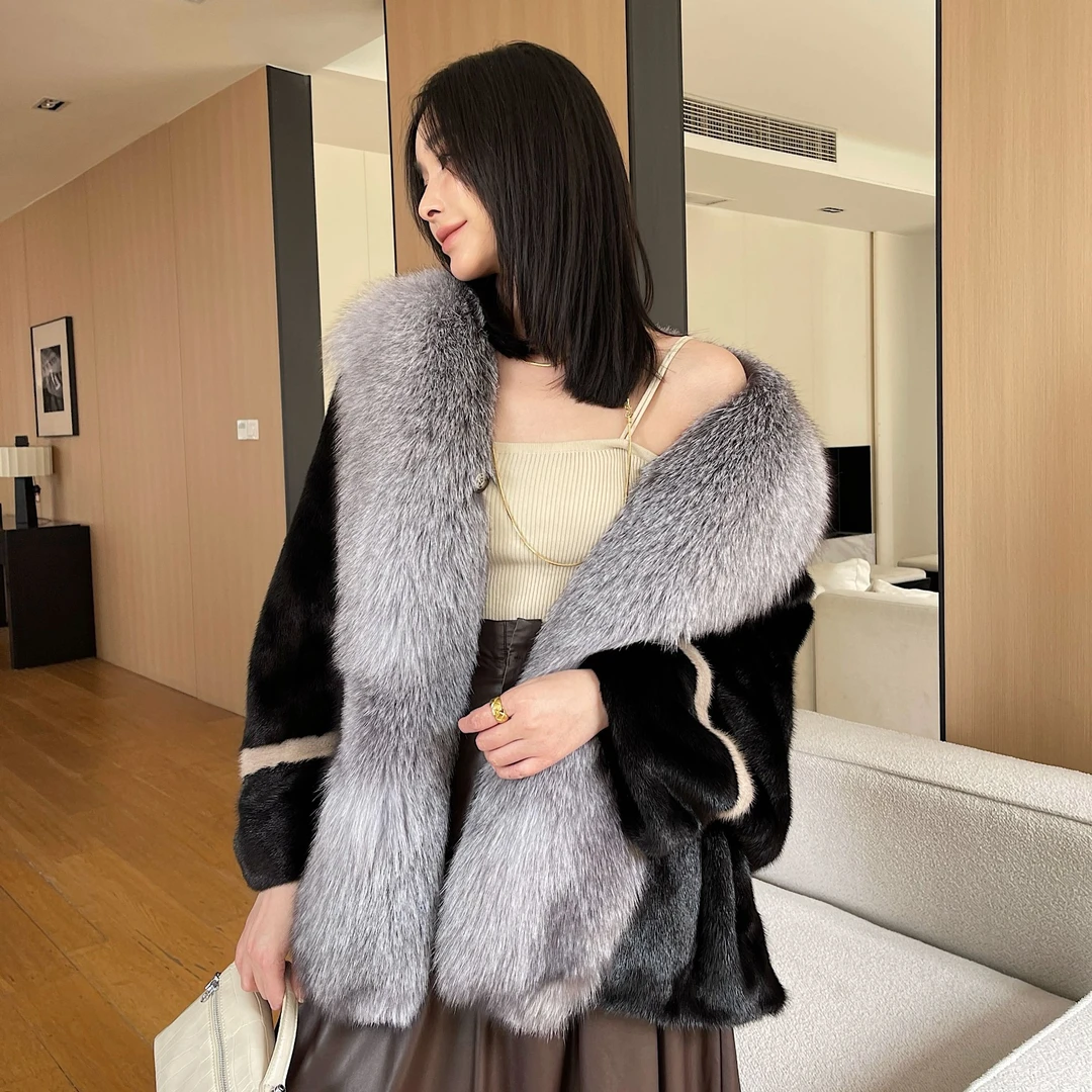 24新款超大狐狸毛领披肩水貂外套披肩加大显瘦大衣气质时尚百搭厚
