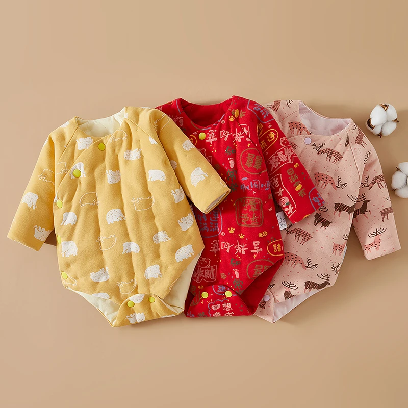 婴儿宝宝纯棉花手工长袖三角哈衣新生儿加厚连体睡衣爬爬服包屁衣