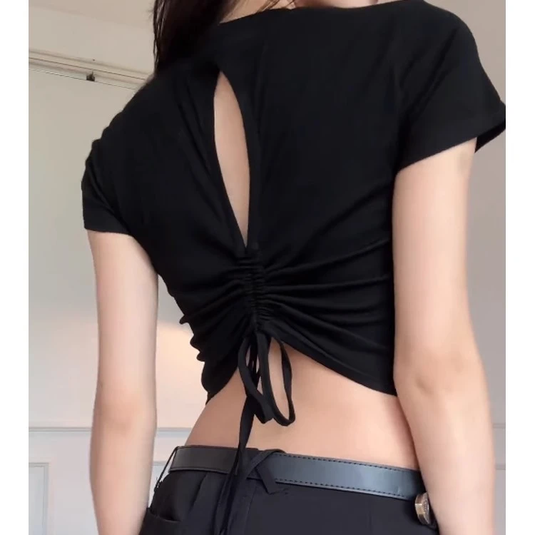 黑色抽绳短袖t恤女缕空设计感修身短款显瘦气质掐腰夏季性感小衫
