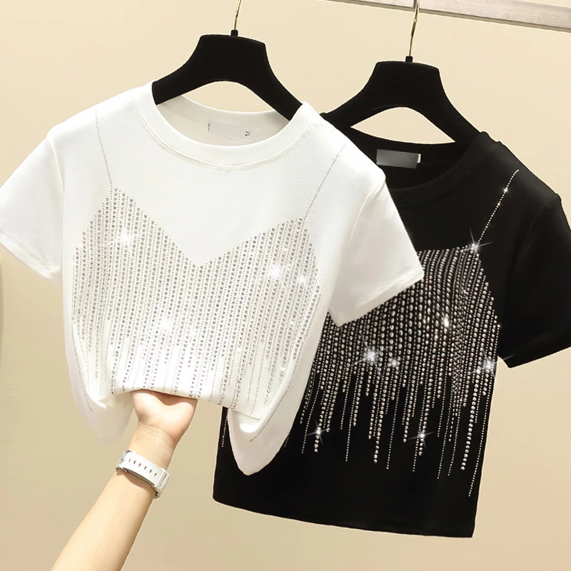 ins超火烫钻短袖T恤2024新款夏季短款上衣设计感小众修身半袖