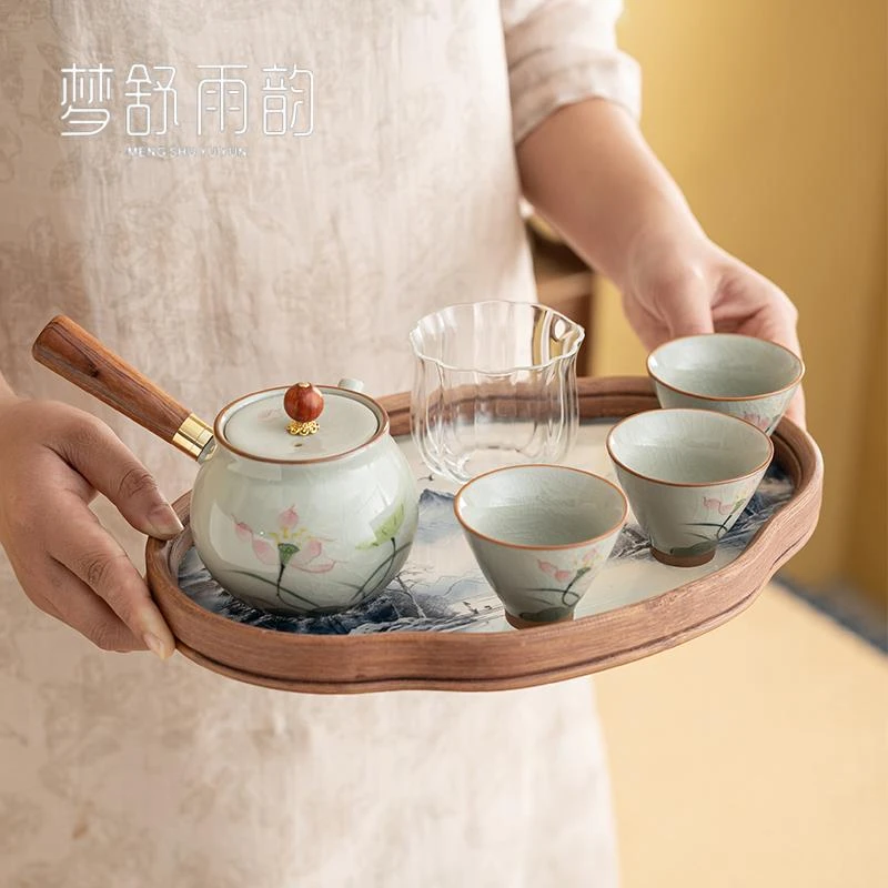 纯手绘荷花冰裂釉侧把壶一壶三杯功夫茶具套装茶壶茶杯公道杯茶盘