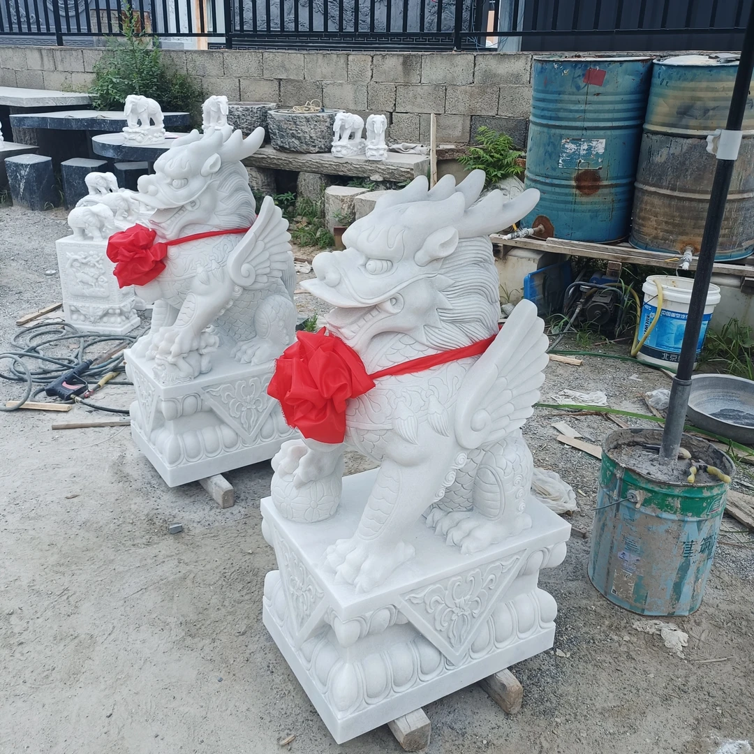 曲阳石雕大理石汉白玉雕刻麒麟一对带翅膀的麒麟门口摆件