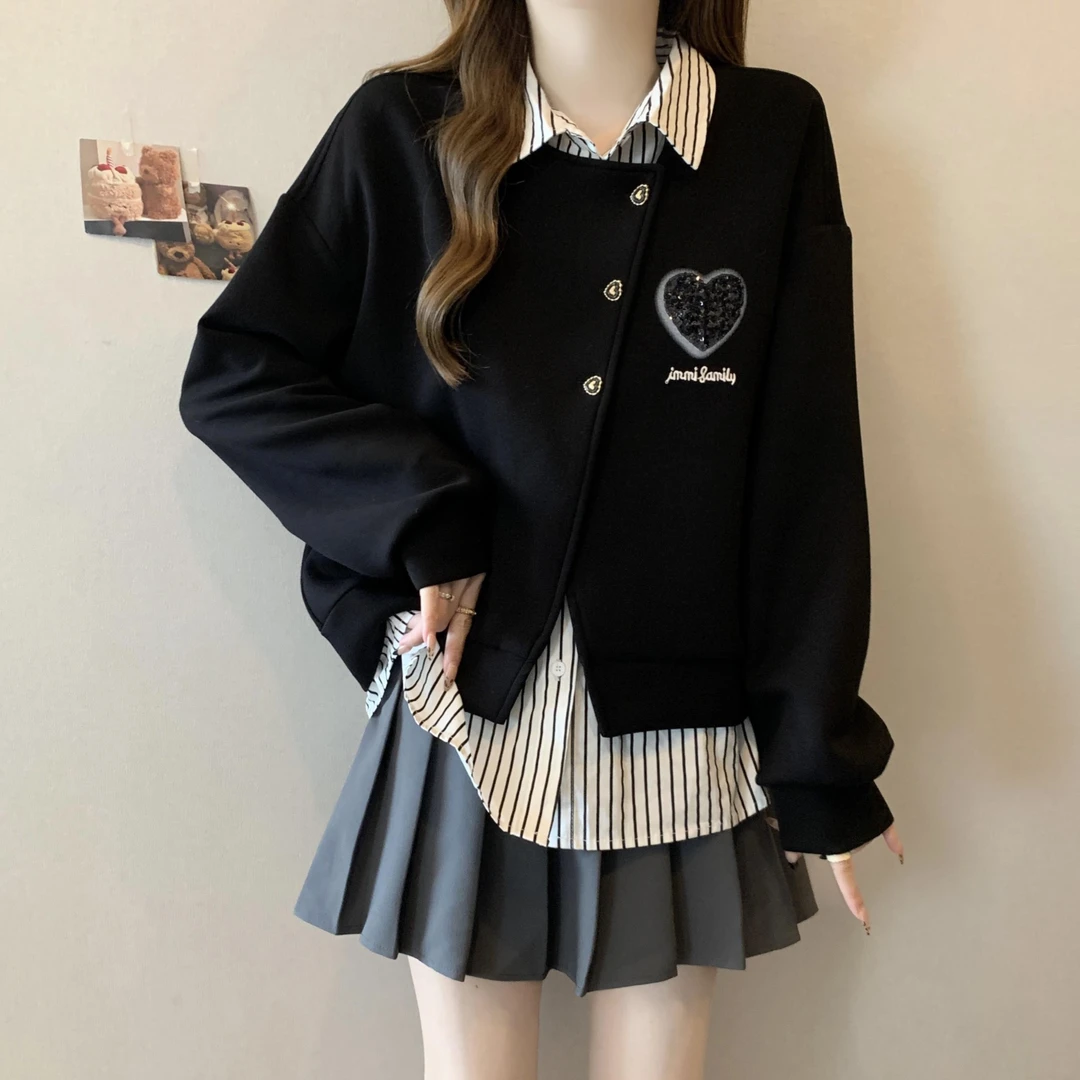 大码胖mm秋季新款条纹拼接衬衫卫衣女装假两件松弛感穿搭宽松上衣