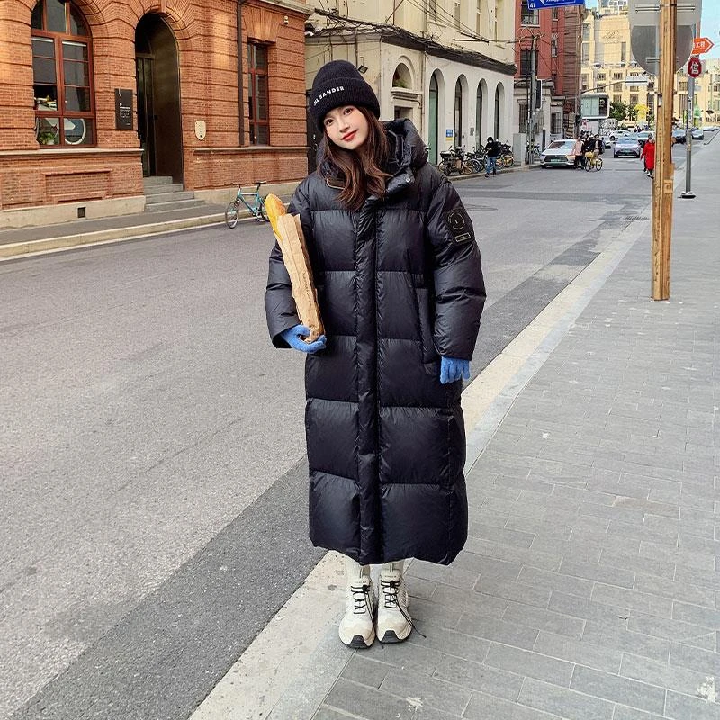黑色加绒加厚羽绒服2025新款女秋冬宽松高级感连帽长款白鸭绒外套
