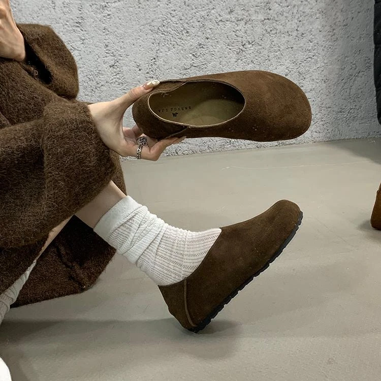 内增高单鞋女2025秋冬新款复古圆头一脚蹬两穿勃肯鞋真皮豆豆鞋女