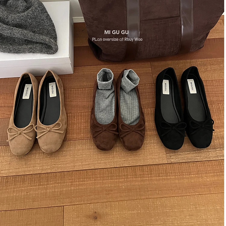 绒面圆头一脚蹬平底单鞋复古仙女风蝴蝶结气质时尚小皮鞋女夏秋新