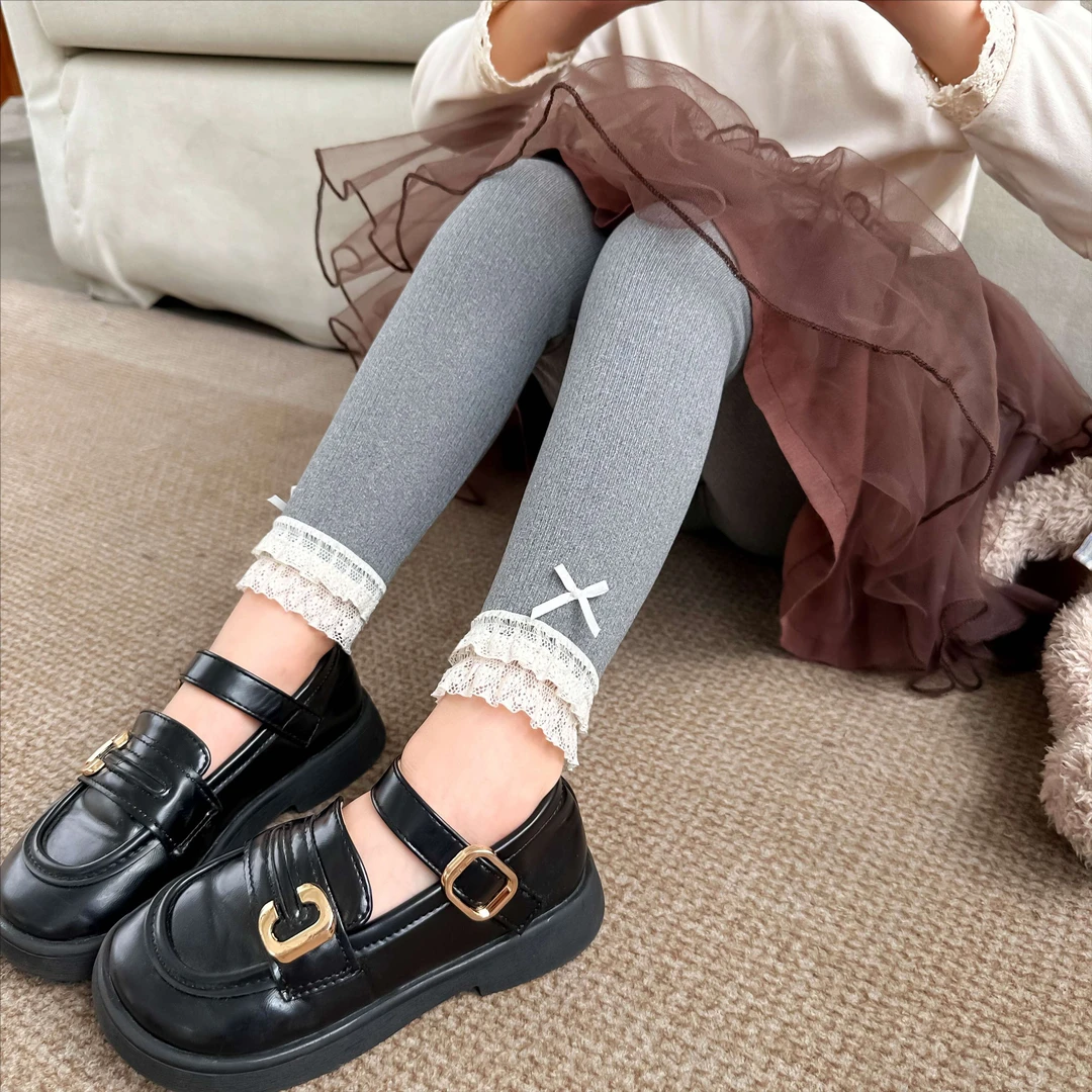 新款女童打底裤儿童春秋款花边甜美可爱女宝弹力纯色百搭秋装童装