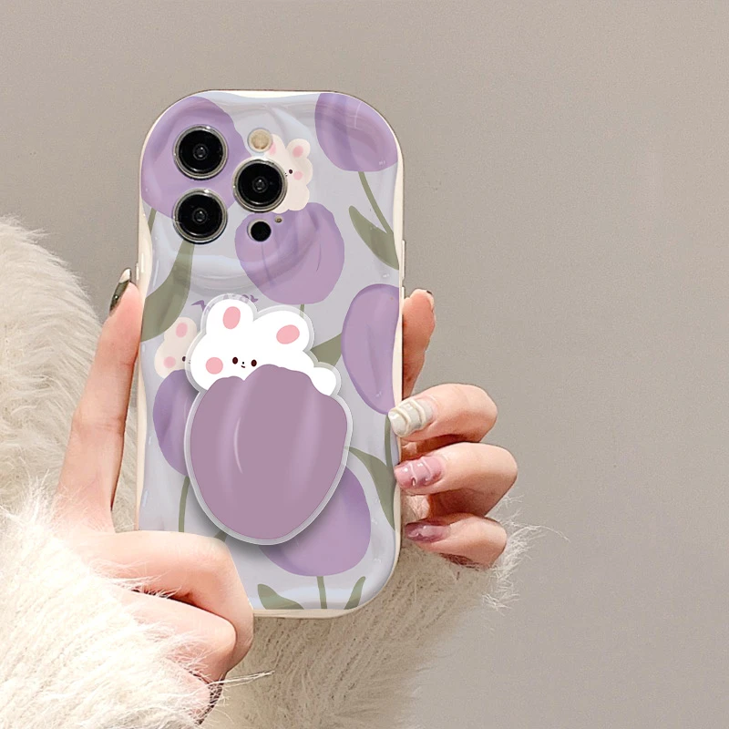 【苹果/华为/荣耀/OPPO/vivo/小米】紫色郁金香奶油纹支架手机壳