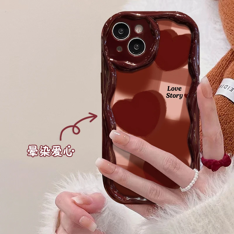 【苹果/华为/荣耀/OPPO/vivo/小米】酒红爱心红底奶油纹包边手机壳