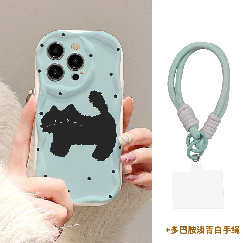 【苹果/华为/荣耀/OPPO/vivo/小米】蓝底波点小猫奶油纹包边手机壳