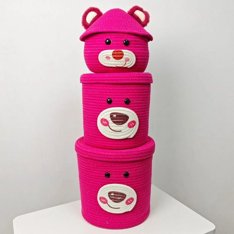 草莓熊收纳筐棉绳编织带盖家用整理化妆品钥匙零食储物盒卧室编制