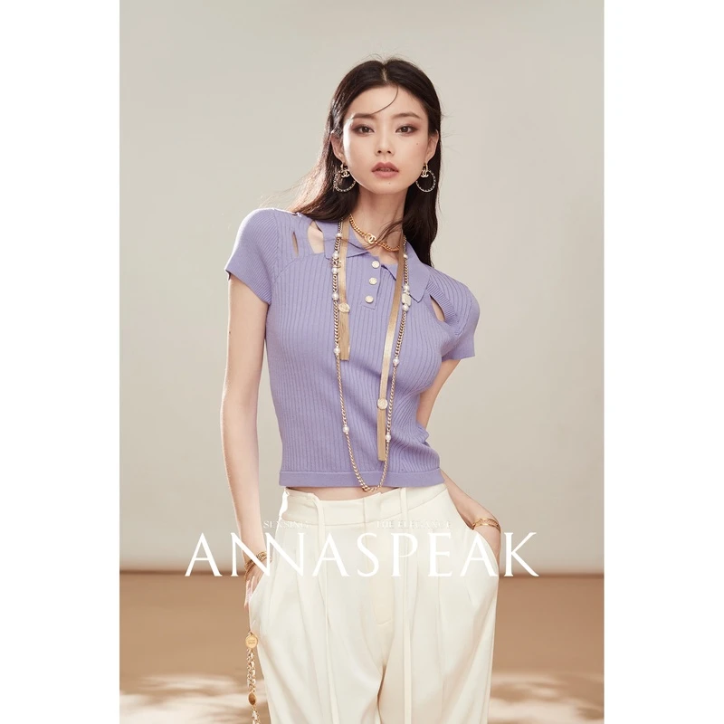 ANNASPEAK基础衣橱亲肤清凉不规则镂空短袖针织衫T恤休闲上衣夏季