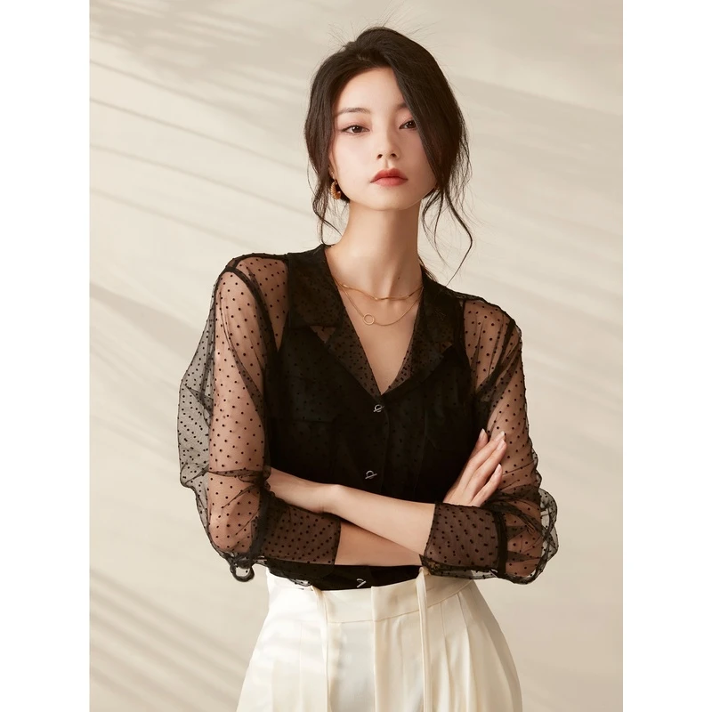 ANNASPEAK幻缈仙境原创仙女巴黎纱黑色波点网纱衬衫气质薄款上衣