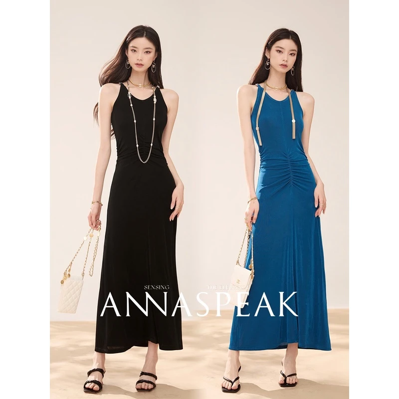 ANNASPEAKNAIA凉感透气醋酸针织无袖连衣裙气质修身女装连衣裙