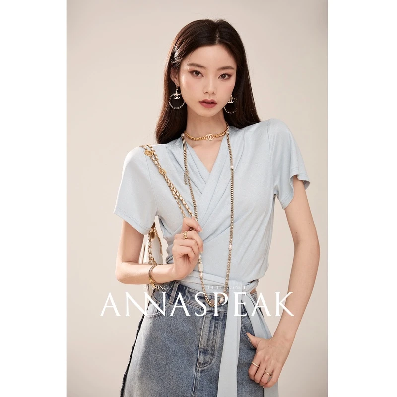 ANNASPEAK自带氛围感加长式交叉绑带飘带截短t恤显瘦短袖上衣夏季