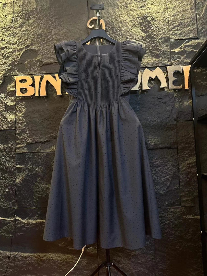 灰色圆点飞飞袖--设计款2024轻奢洋气连衣裙显瘦