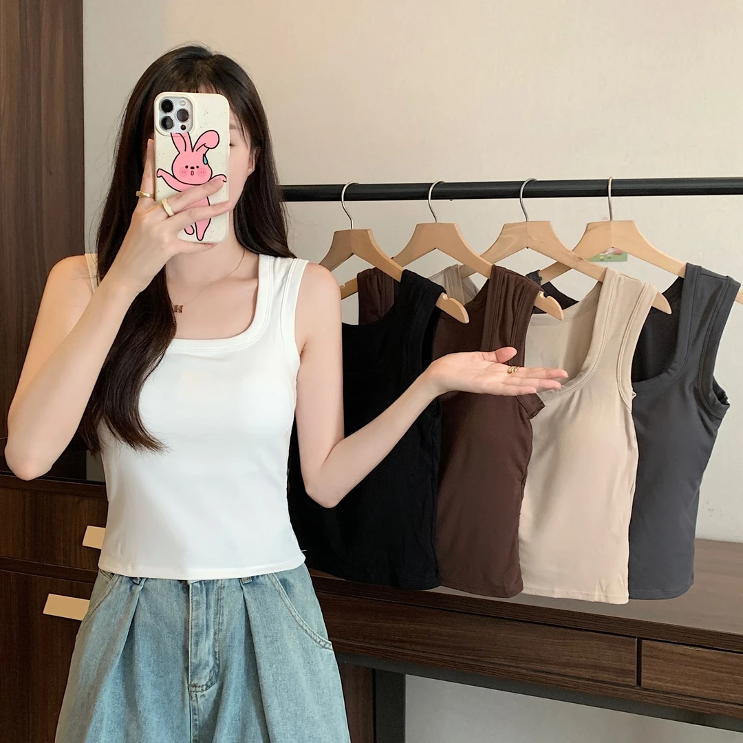 【自带杯垫】早秋宽肩带百搭吊带背心免穿文胸罩杯一体式打底上衣女